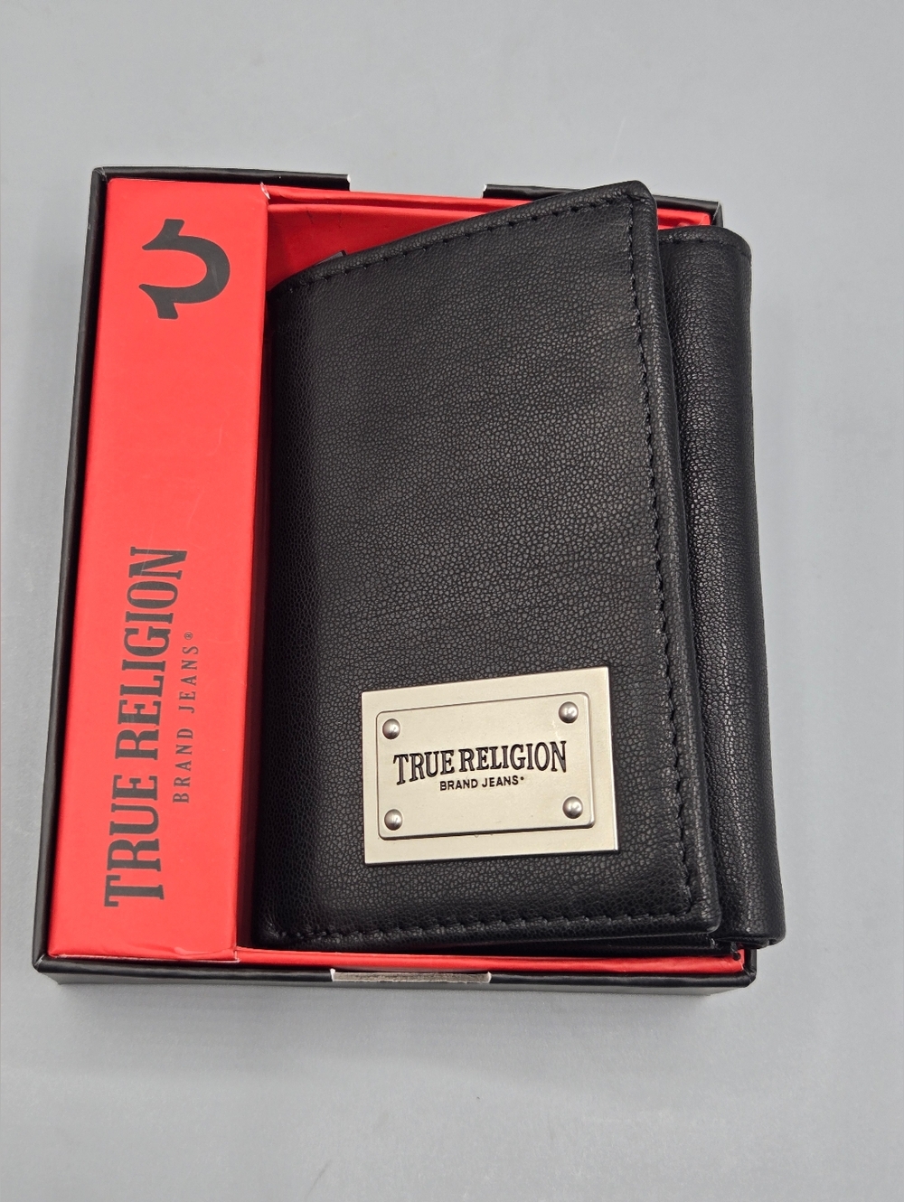 True Religion Men's Black Leather Trifold Wallet